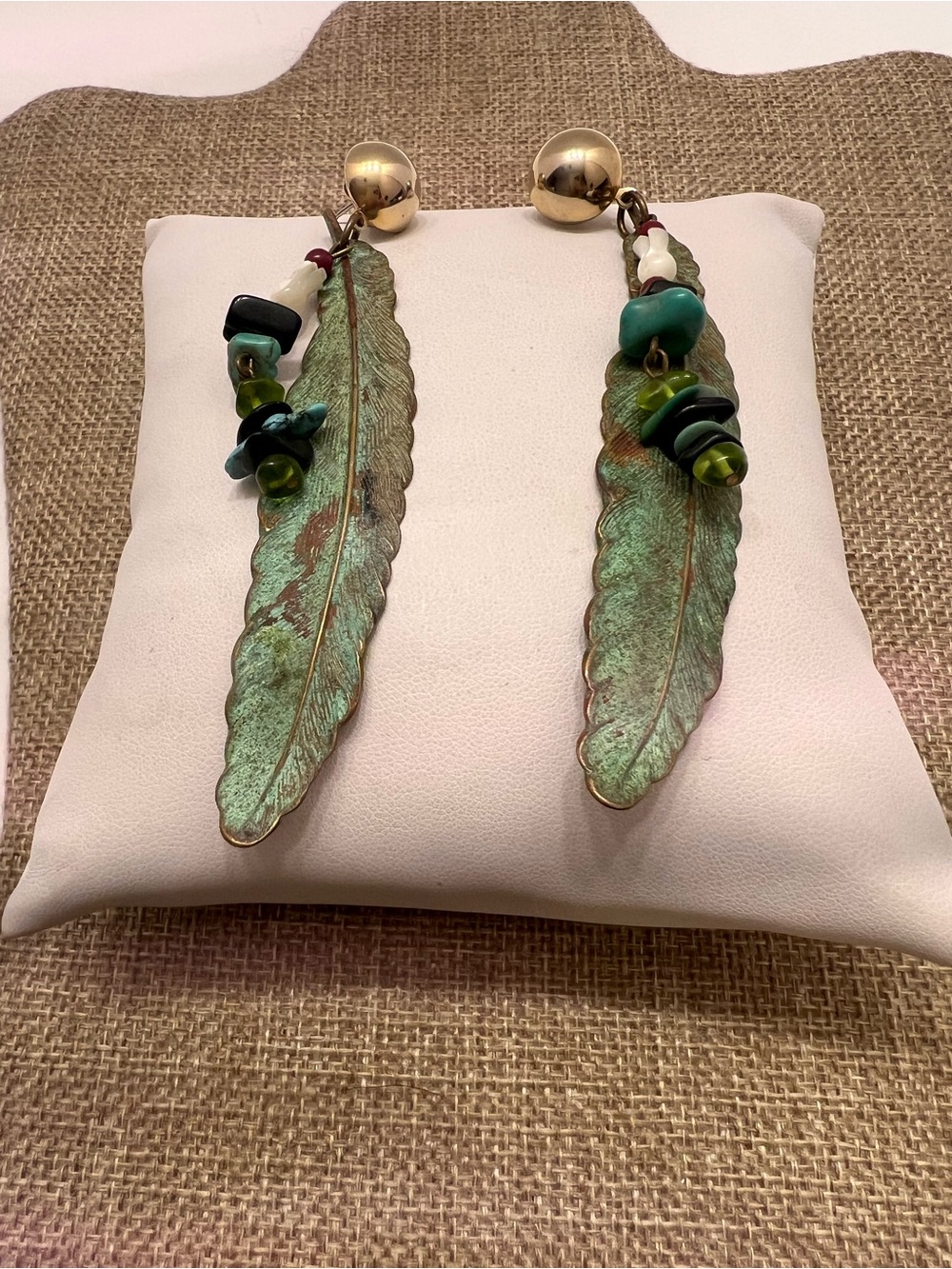 Verdigris Feather Drop Earrings with Mixed Green Beads